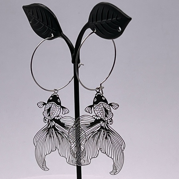 Oversized Silver Fish Hoop Earrings - Unique Statement Hoop Earrings - Picture 12 of 12